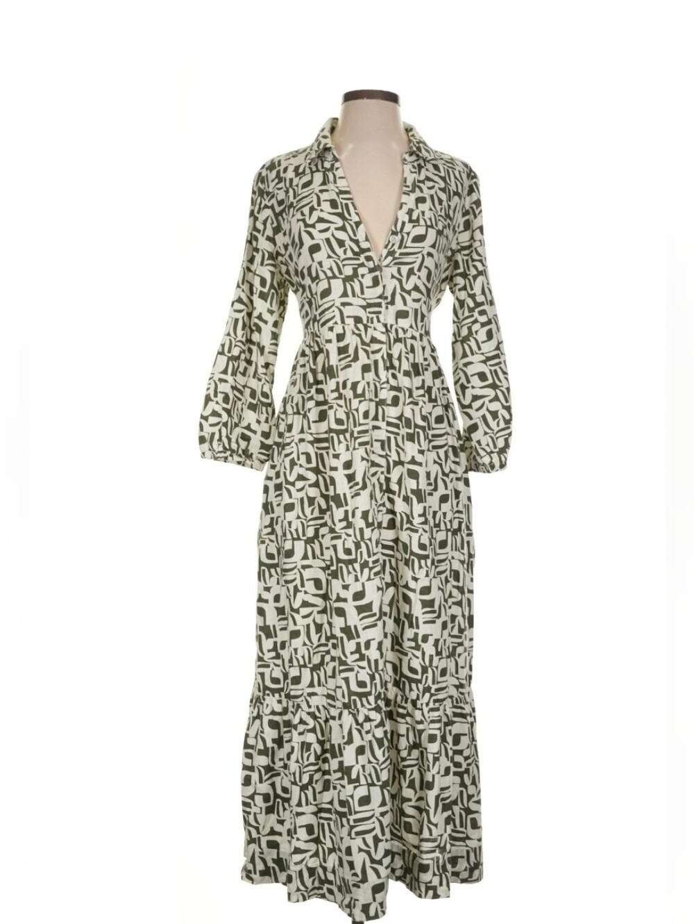 Tahari Olive & White Linen Feel Long Sleeve Printed Maxi Shirt Dress Sz S